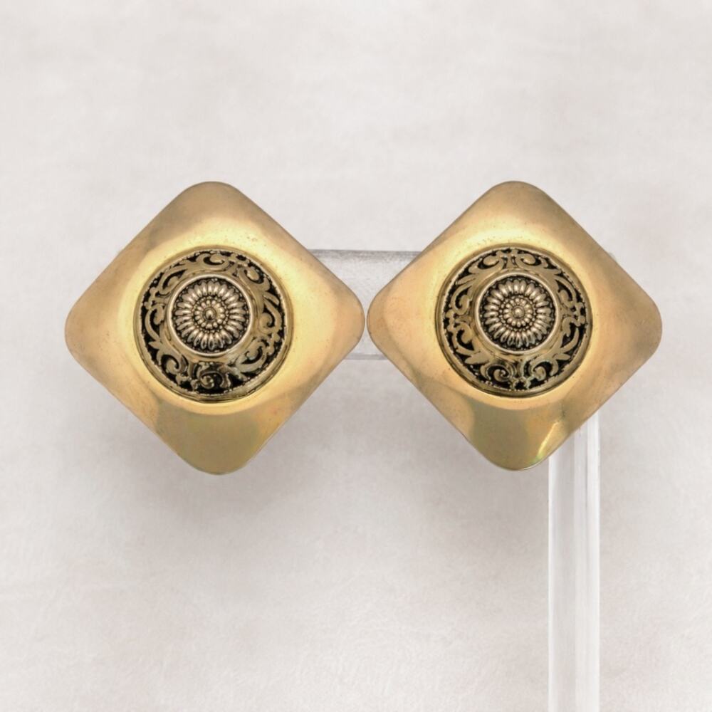 Vintage Clip On Earrings Extra Large Statement Gold Tone Ornate Center 1980s
